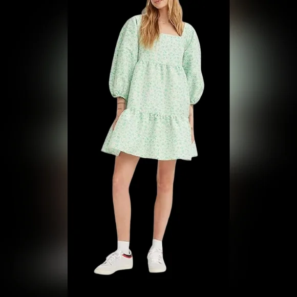 LEVIS DRESS WOMENS XL ELECTRIC GREEN FLORAL DOLCI BABYDOLL WITH POCKETS NEW - Picture 1 of 10